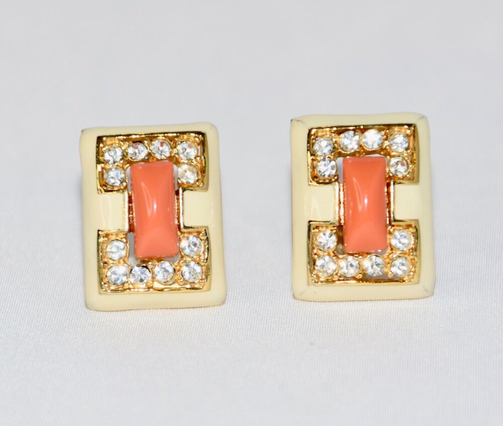 KENNETH JAY LANE Vintage Art Deco Coral - Crystal and Enamel Clip Earrings